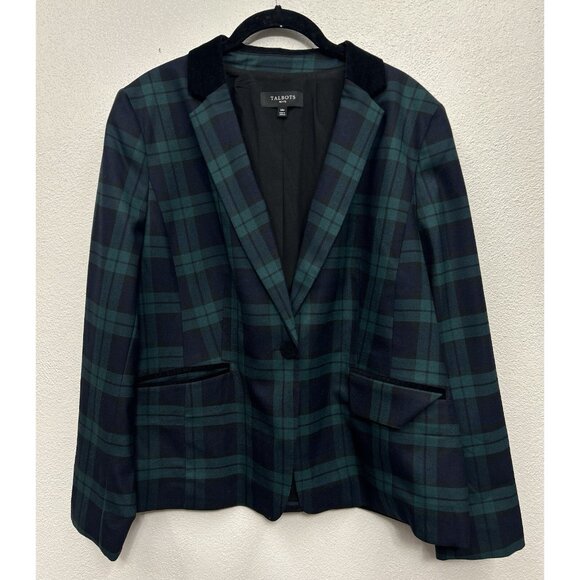 Talbots Blazer Jacket 14 P Petite Wool Blend Tartan Green Navy Plaid Velvet Trim - Picture 2 of 9